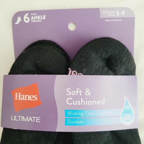 Hanes Socks Womens Shoe Size 5-9 Black Ultimate Soft Cushioned Ankle 6 Pairs - Picture 2 of 4